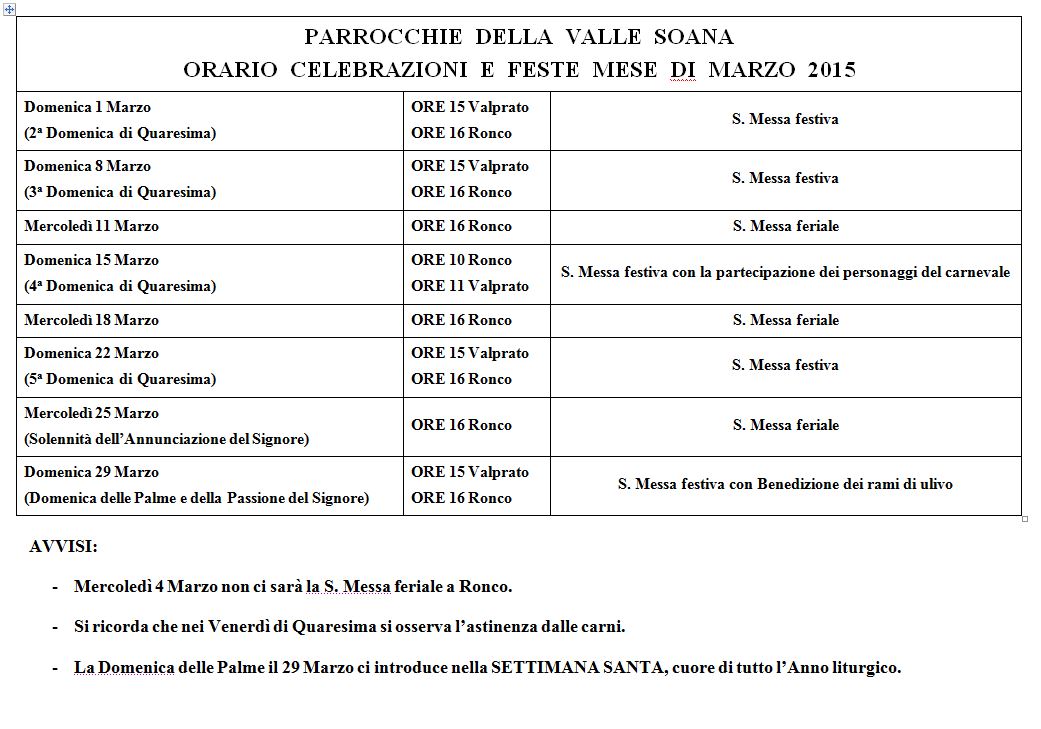 programma parrocchiale mese di Marzo