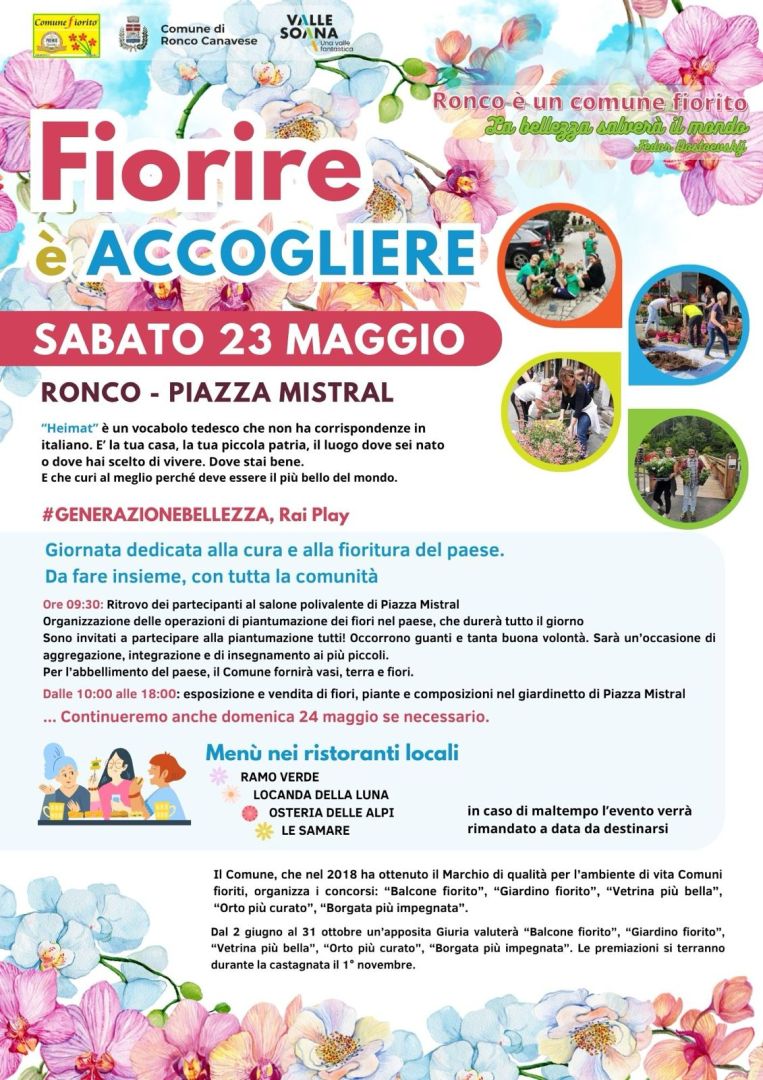 Ronco, Sabato 23 maggio: “Fiorire è Accogliere” a cura di Cosimo Bersano