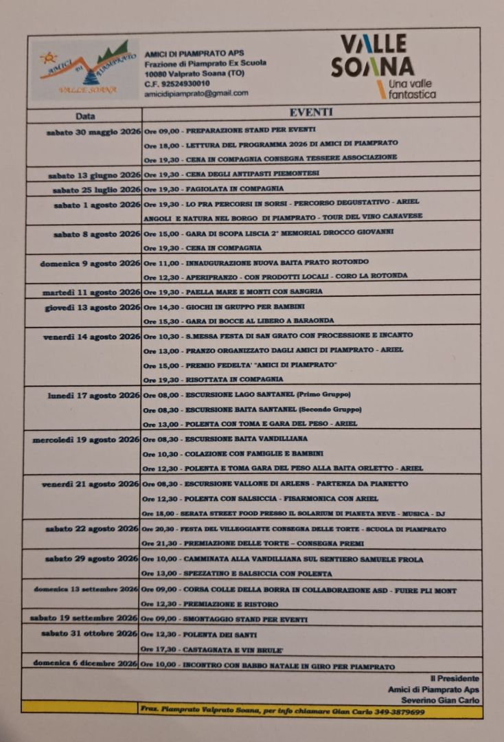 Amici di Piamprato APS: Sabato 30 cena in compagnia e presentazione bozza degli eventi estivi