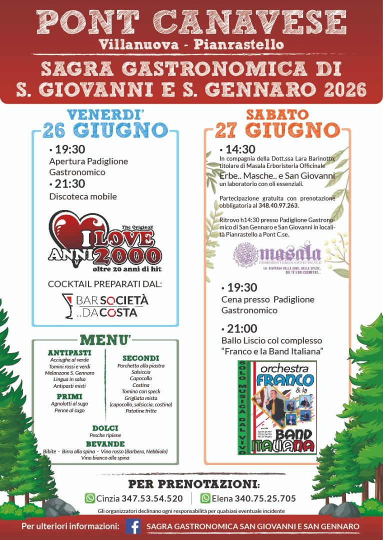 Pont Canavese, Pianrastello – Sagra gastronomica di San Giovanni e San Gennaro 2026