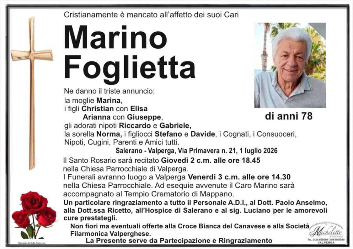 Decessi in valle Soana: è mancato Marino Foglietta di anni 78