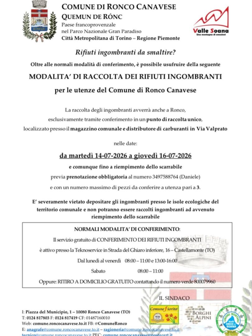 Ronco: Avviso di raccolta dei rifiuti ingombranti dal 14 al 16 luglio