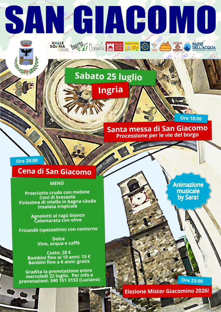 Ingria, Sabato 25 luglio: Festa patronale di S.Giacomo 2026