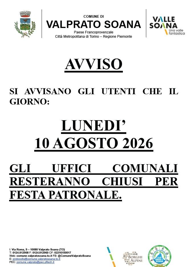 Valprato, 10 Agosto 2026: Chiusura Uffici Comunali per festa patronale