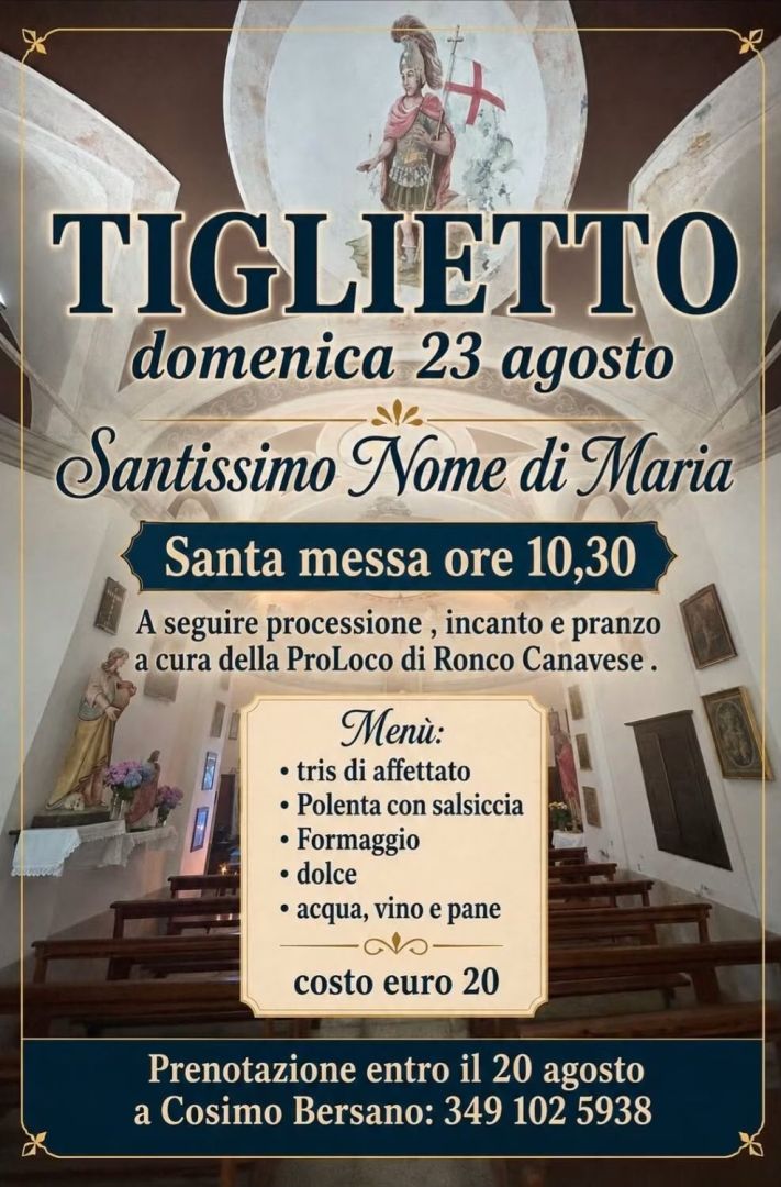 Tiglietto, 23 agosto: Festa del Santissimo Nome di Maria