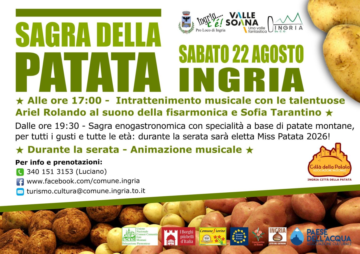 Ingria, Sabato 22 Sagra della Patata a cura di Andrea Cane