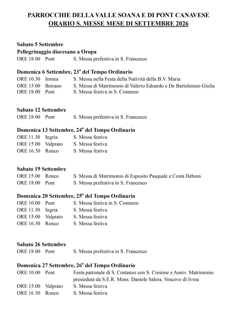Celebrazioni Religiose per il mese di SETTEMBRE in valle Soana a cura di Don Gian Paolo e Diacono Massimo