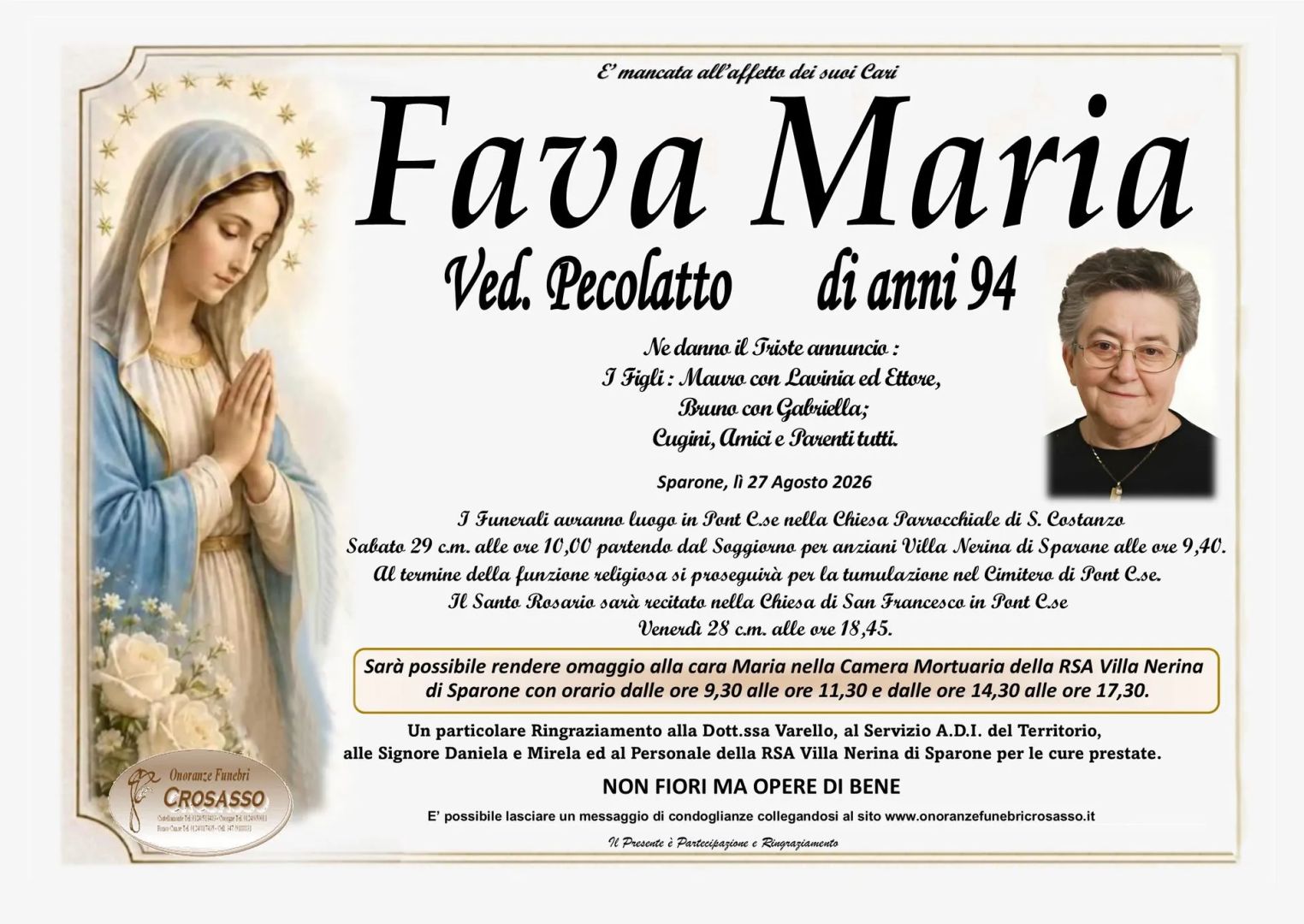 Decessi in valle Soana: é mancata Maria Fava vedova Pecolatto di anni 94