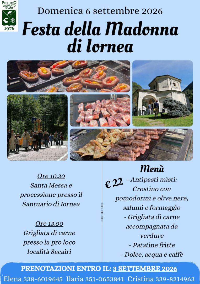 Domenica 6 settembre Festa della Madonna di Iornea