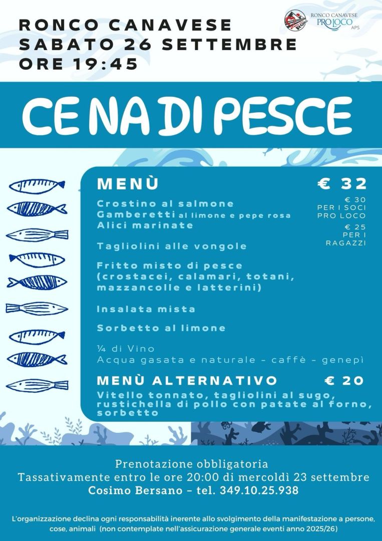 Ronco, Sabato 26 settembre: A N N U L L A T A  la Cena di Pesce