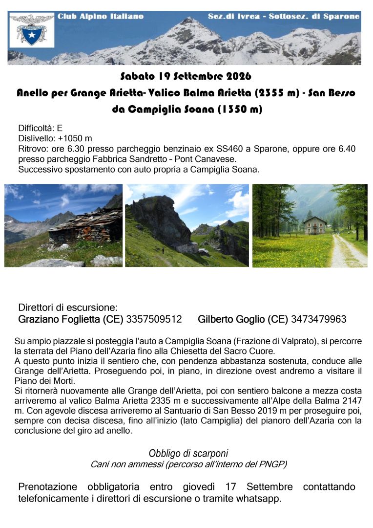CAI Sparone: escursioni attraverso Grange Arietta, Balma Arietta, San Besso e Campiglia