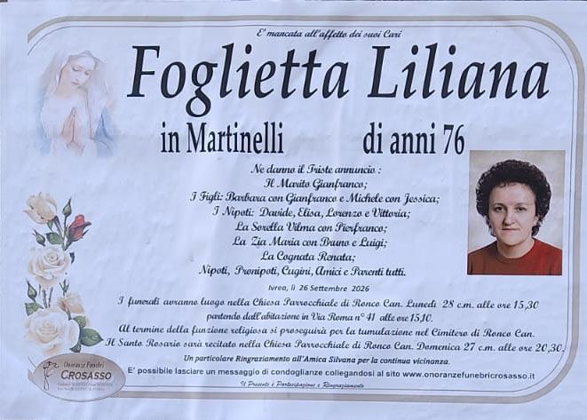 Decessi in valle Soana: è mancata Liliana Foglietta in Martinelli di anni 76