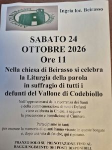 Beirasso, Sabato 24 ottobre: commemorazione di tutti i defunti