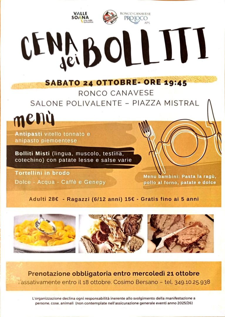 Ronco, Sabato 24 ottobre: Cena dei Bolliti
